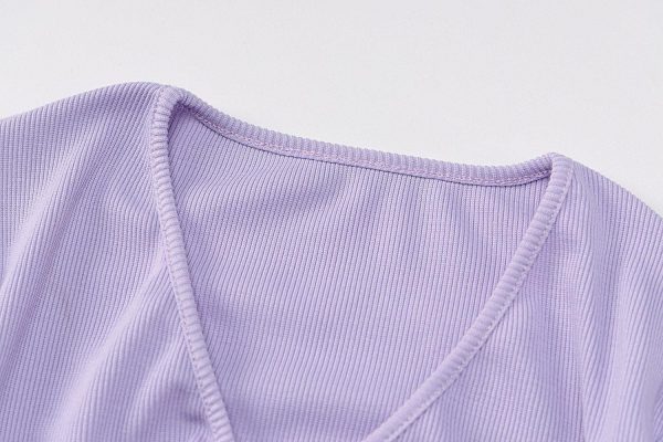 LVINMW V Neck Flare Sleeve Long Drawstring Slim Purple Crop Top Pleated Solid Simple Sweet T Shirts Women Casual Autumn Tops - Takalr