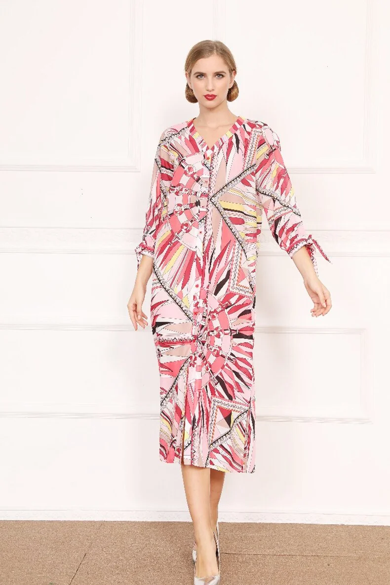Women's Runway Designer Dresses V Neck Lace Up Bow Printed Loose Design Fashion Casual Mid Calf Dresses - Image 3