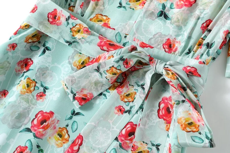 100% Natural Silk Women's Dresses V Neck Short Sleeves Printed Sash Belt Fashion Summer Dress Vestidos - Image 7