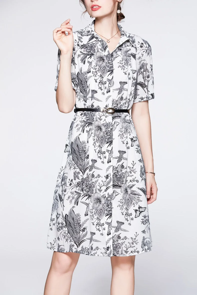 100% Silk Women's Dresses Turn Down Collar Short Sleeves Printed Single Breasted Fashion Dress Vestidos - Image 4