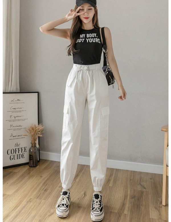 High Waist  Women's Looses Cargo Pants With belt nine-point harem pants Colorfur  high waist pants sashes pockets office pants - Takalr