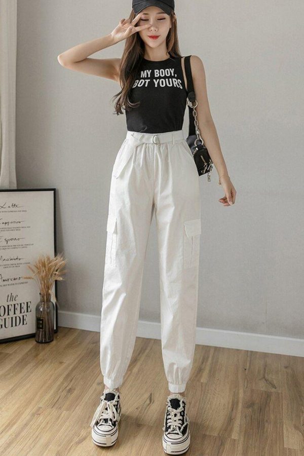 High Waist  Women's Looses Cargo Pants With belt nine-point harem pants Colorfur  high waist pants sashes pockets office pants - Takalr