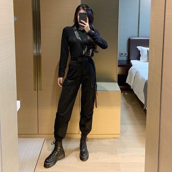 Spring Autumn Ribbon Cargo Pants For Women High Waist Hip Hop Trousers Loose BF Harajuku Handsome Hip Hop Pants Woman Cloth - Takalr