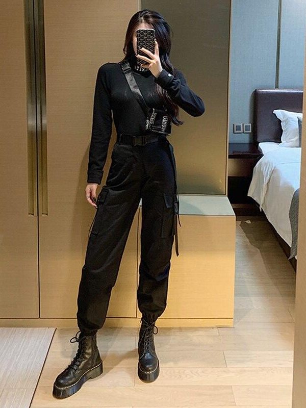 Spring Autumn Ribbon Cargo Pants For Women High Waist Hip Hop Trousers Loose BF Harajuku Handsome Hip Hop Pants Woman Cloth - Takalr