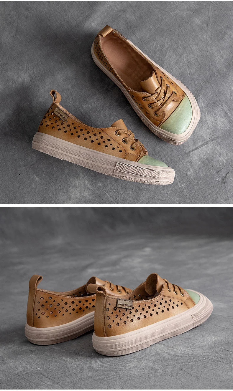 Women Sneakers Genuine Leather Lace-Up Hollow Handmade Platform Shoes - Image 10