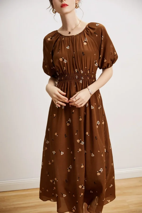 100% Natural Silk Women's Dresses O Neck Short Sleeves Printed Floral Elastic Waist Elegant Mid Holiday Dress Vestidos
