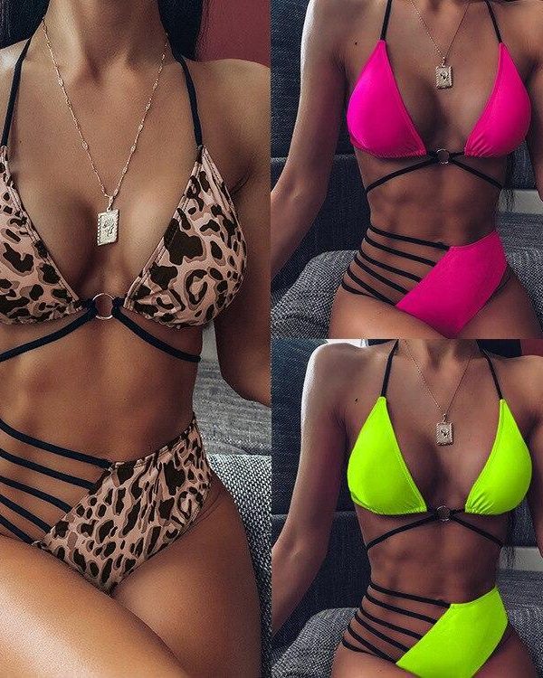 2021 Swimsuits High Waist Bikinis Set Push Up Swimwear Women String Halter Biquini Brazilian Leopard Bathing Suit Women - Takalr