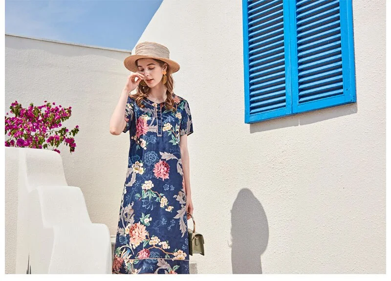 100% Silk Women's Runway Dresses O Neck Short Sleeves Floral Printed Fashion Short Summer Dresses - Image 4