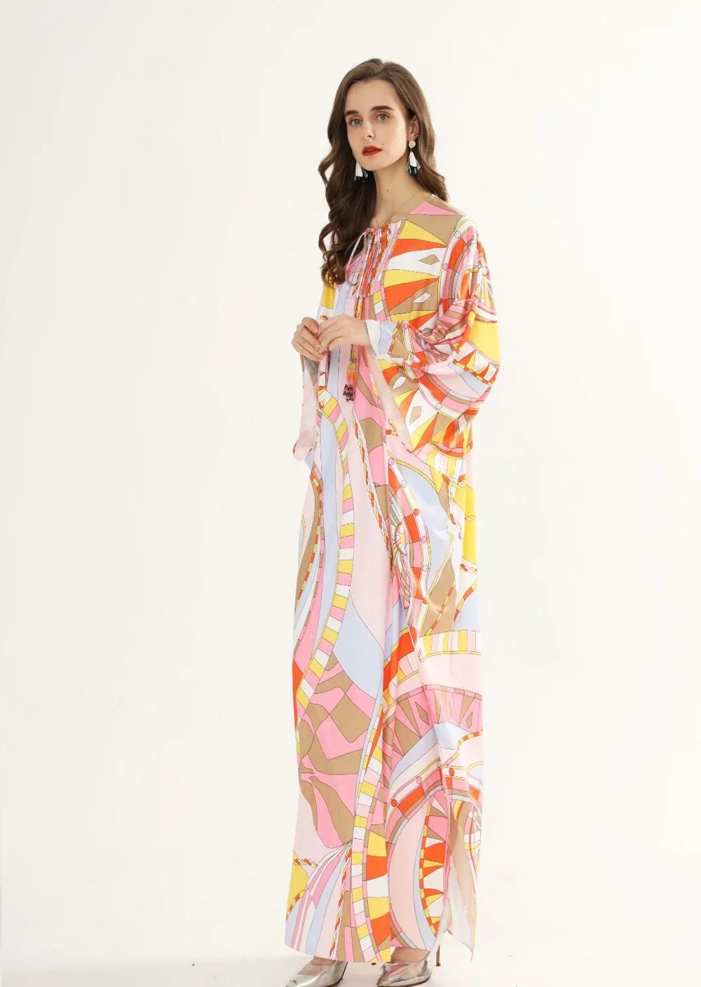 Women's Runway Dresses O Neck Lace Up Tassels Batwing Sleeves Printed Loose Plus Sizes Holiday Knitted Elastic Long Maxi Dress - Image 2