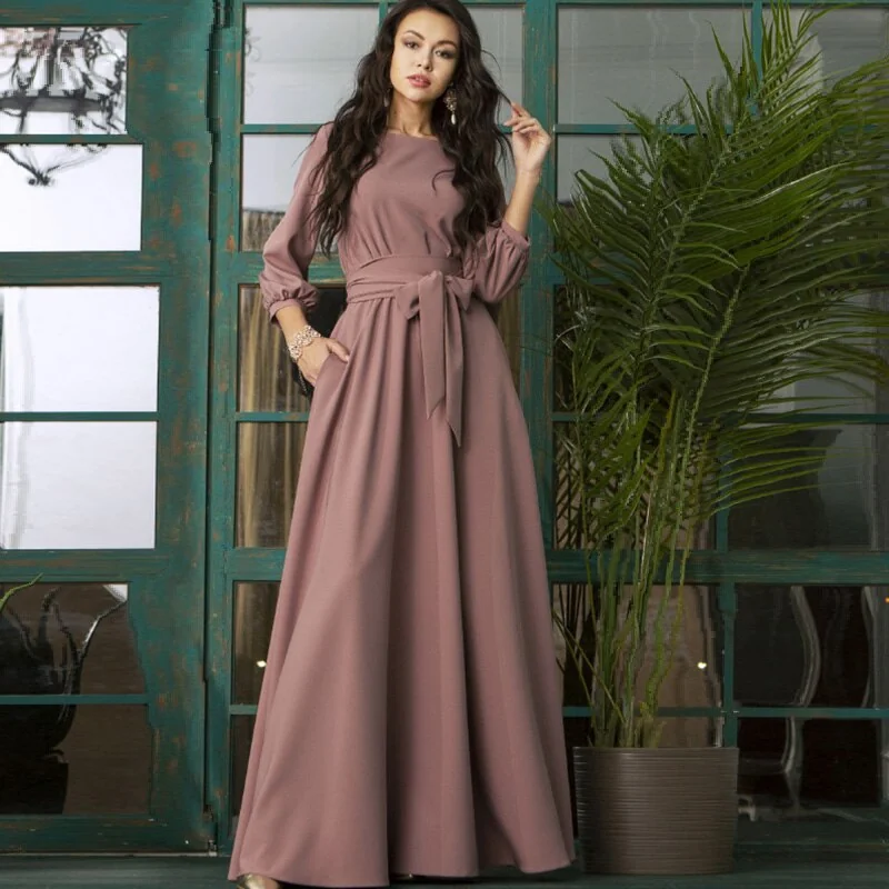 Bandage Maxi Long Dress Lantern Sleeve O Neck A-Line Pocket Casual Temperament Fashion Summer Beach Style - Image 3