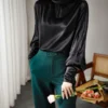 100% Natural Silk Women's Runway Shirt Stand Collar Long Lanter Sleeves Hollow Out Elegant Pullover Office Lady Blouse Camisa To