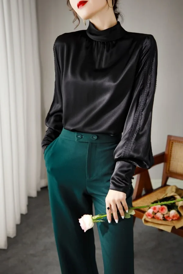 100% Natural Silk Women's Runway Shirt Stand Collar Long Lanter Sleeves Hollow Out Elegant Pullover Office Lady Blouse Camisa To