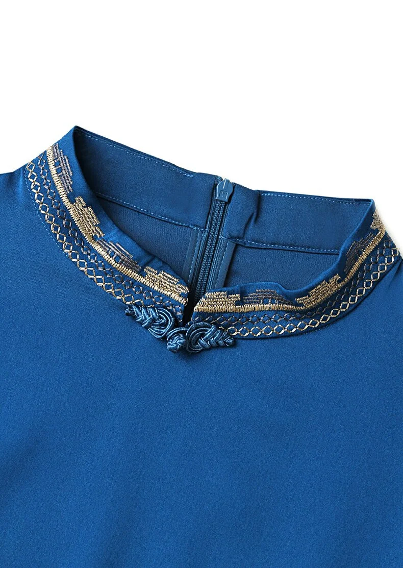 100% Silk Women's Shirt Vintage Button Stand Collar Long Sleeves Embroidery Elegant Zipper Back Blouse Tops - Image 16