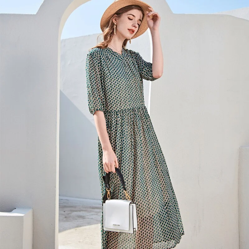 100% Silk Women's Runway Dresses Sexy V Neck Half Sleeves Printed Lace Up Waist Fashion Casual Holiday Dresses - Image 7