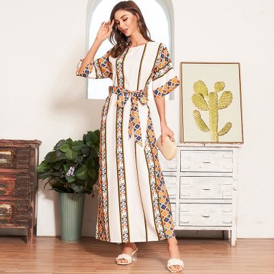 New Women Summer Boho Long Dress White Fashion Tribal Print Batwing Half Sleeve Belted Kaftan Holiday Style Maxi Dresses