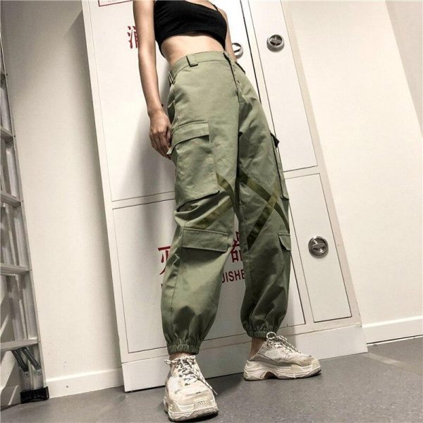 Big Pockets Hip Pop Streetwear Ribbon Cross Ladies Cargo Pants Women Casual Joggers High Waist Loose Female Buttons Trousers - Takalr