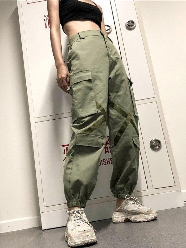 Big Pockets Hip Pop Streetwear Ribbon Cross Ladies Cargo Pants Women Casual Joggers High Waist Loose Female Buttons Trousers - Takalr