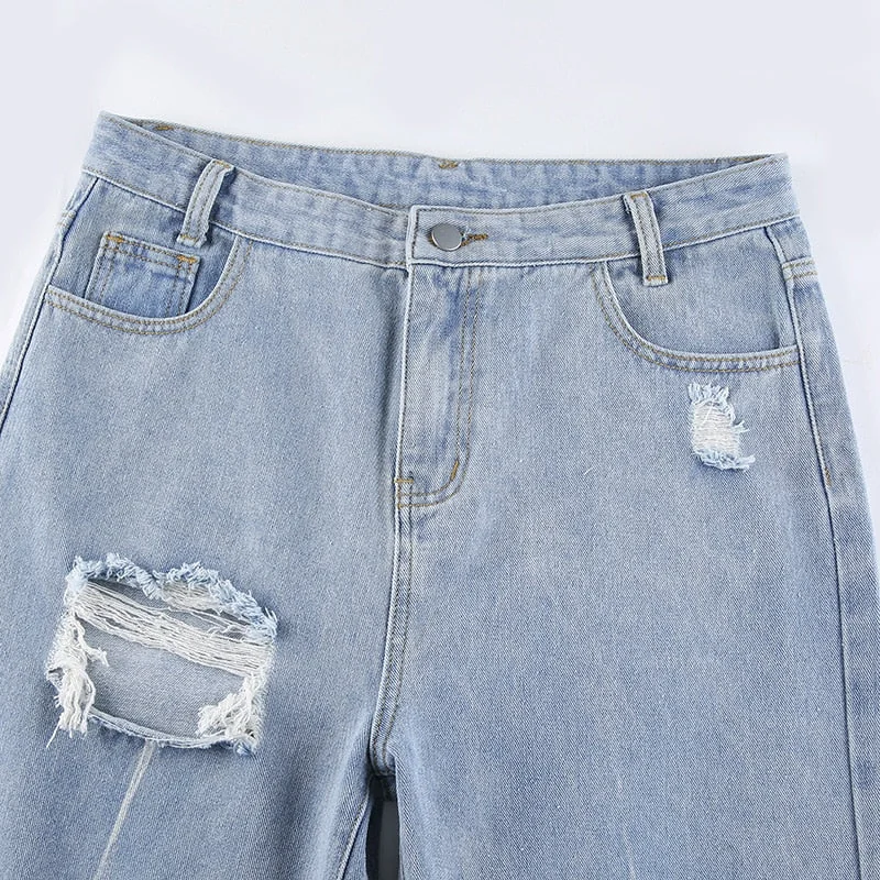 Casual Hollow Out High Waist Pants Woman Button Zipper Solid Straight Baggy Jeans - Image 11