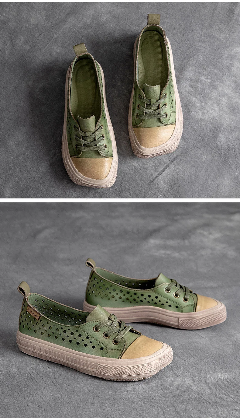 Women Sneakers Genuine Leather Lace-Up Hollow Handmade Platform Shoes - Image 11