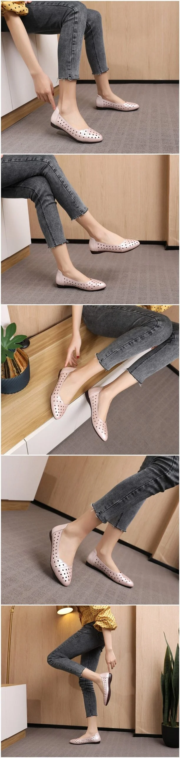 Women Flat shoes Low Heel Hollow Out Breathable Leather Soft Sandals - Image 7