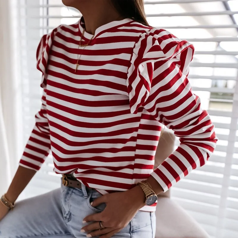 Women Ruffles Striped Tops Long Sleeve O Neck Leisure T -Shirts Office Work Fashion Autumn Tees Loose - Image 3