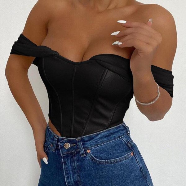 Cryptographic PU leather Sexy Bustier Corset Top Off Shoulder Chiffon White Strapless Female Top Cropped Tops Women Clothes - Takalr