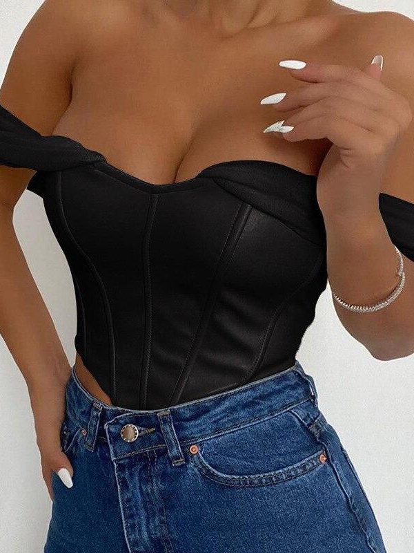 Cryptographic PU leather Sexy Bustier Corset Top Off Shoulder Chiffon White Strapless Female Top Cropped Tops Women Clothes - Takalr