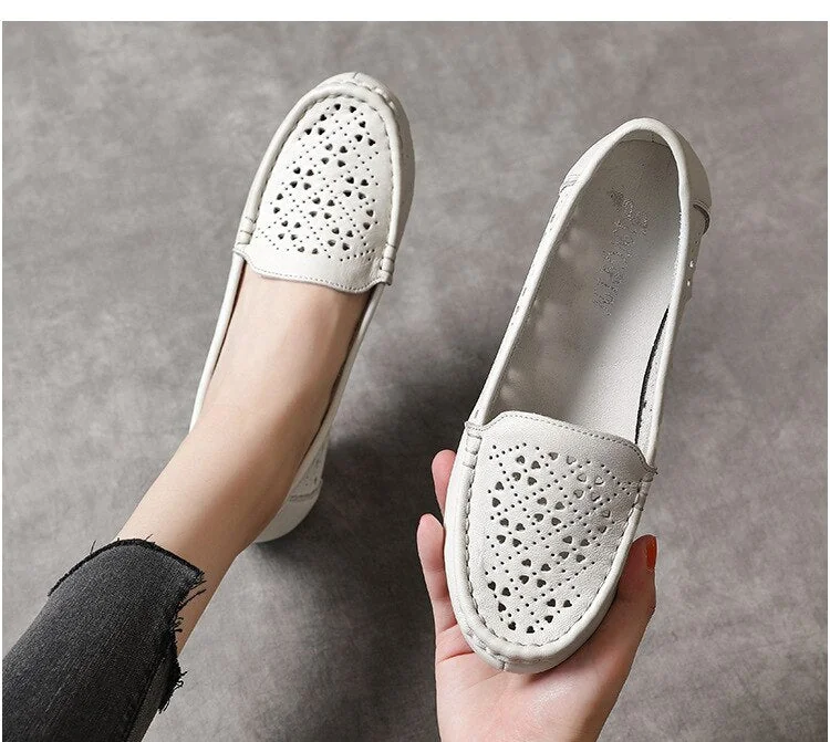 Women Flats Summer Women Genuine Leather Shoes Hollow Slip On Casual Flat Shoes Women Loafers Soft Nurse Ballerina Shoes - Image 10
