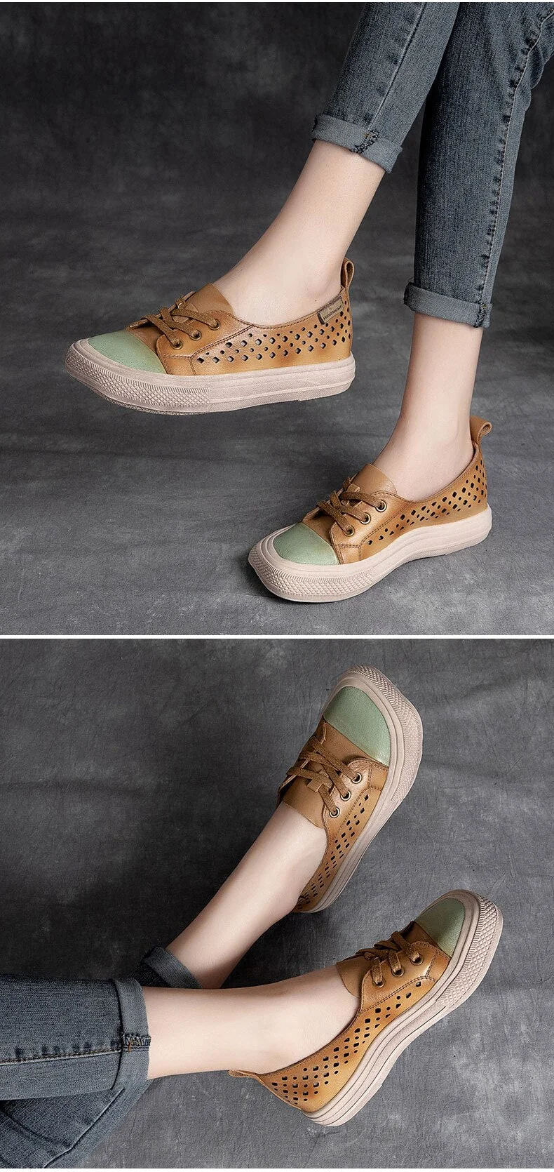 Women Sneakers Genuine Leather Lace-Up Hollow Handmade Platform Shoes - Image 7
