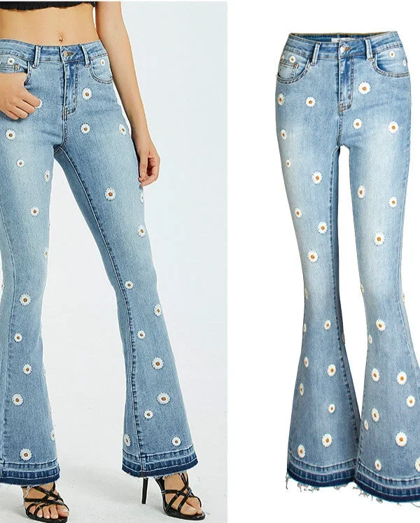 Flower Embroidered Flare Denim Pants Womens Vintage Women Jeans Spring Autumn Jeans