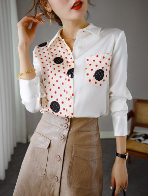 100% Natural Silk Women's Shirt Turn Down Collar Long Sleeves Dots Printed Color Block Elegant Fashion Blouse Camisas Tops