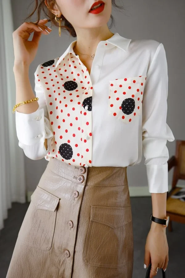 100% Natural Silk Women's Shirt Turn Down Collar Long Sleeves Dots Printed Color Block Elegant Fashion Blouse Camisas Tops