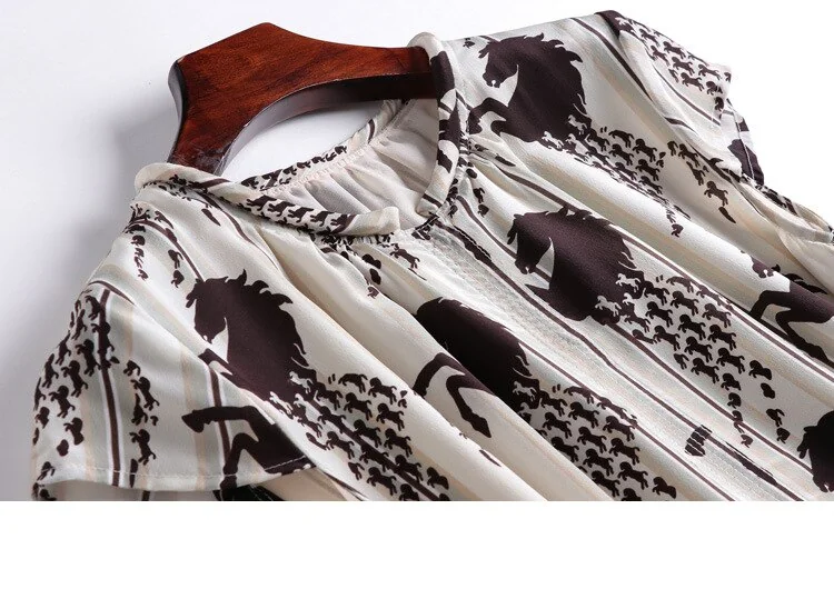 100% Silk Women's Dress O Neck Short Sleeves Sash Belt Animals Printed Fashion Casual Mid Runway Dresses - Image 10