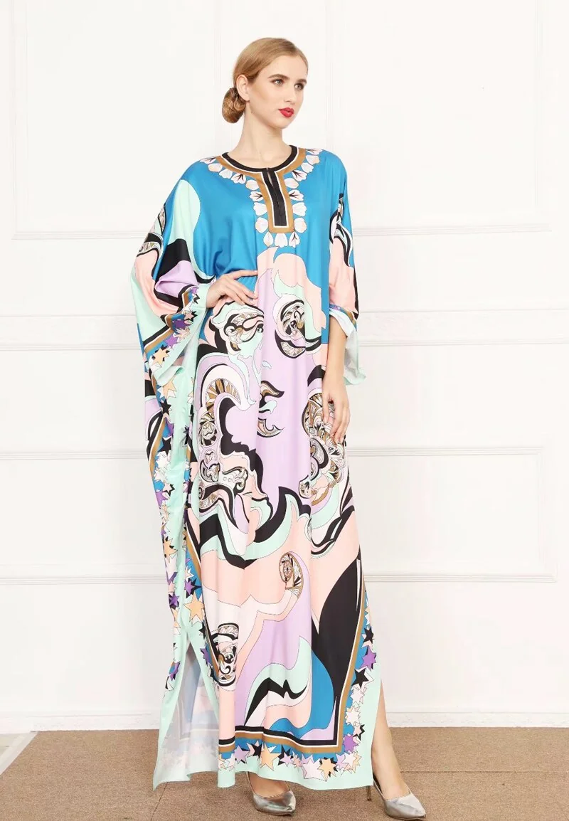 Autumn Women's Runway Dresses O Neck Batwing Sleeves Printed Loose Deisgn Plus Sizes Split Knitted Elastic Long Maxi Dresses - Image 3