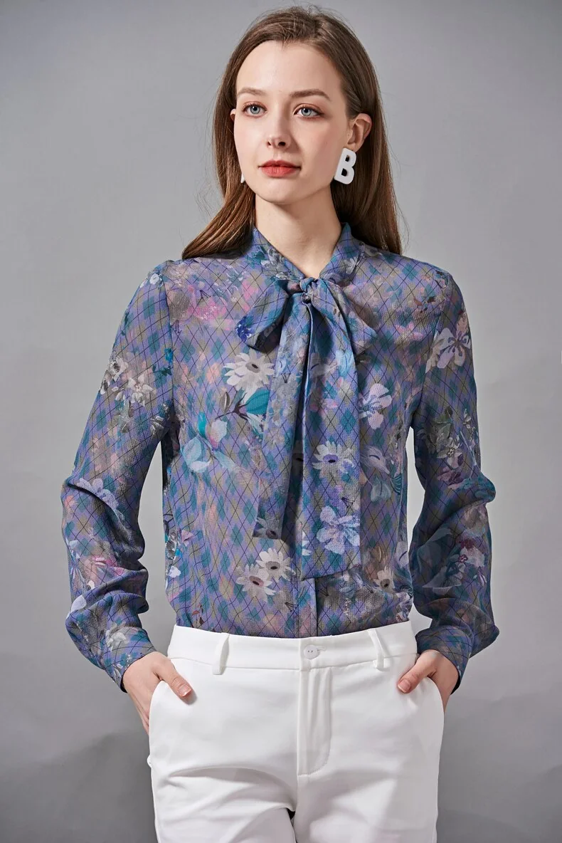100% Silk Women's Shirt Bow Collar Long Sleeves Floral Plaid Printed Fashion Blouse Camisa Tops - Image 6