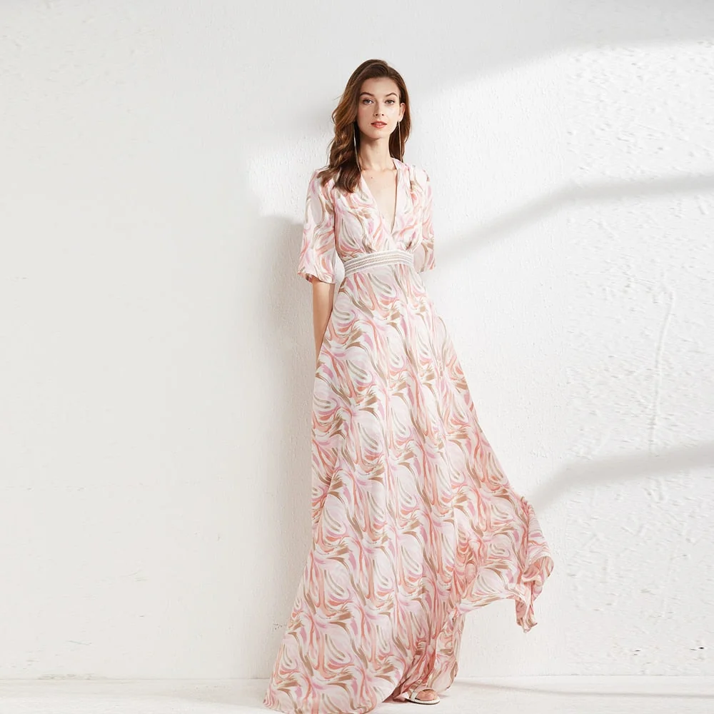 Women's Runway Dresses Sexy V Neck Short Sleeves Printed Elegant Summer Long Floor Length Dress Party Prom - Image 3