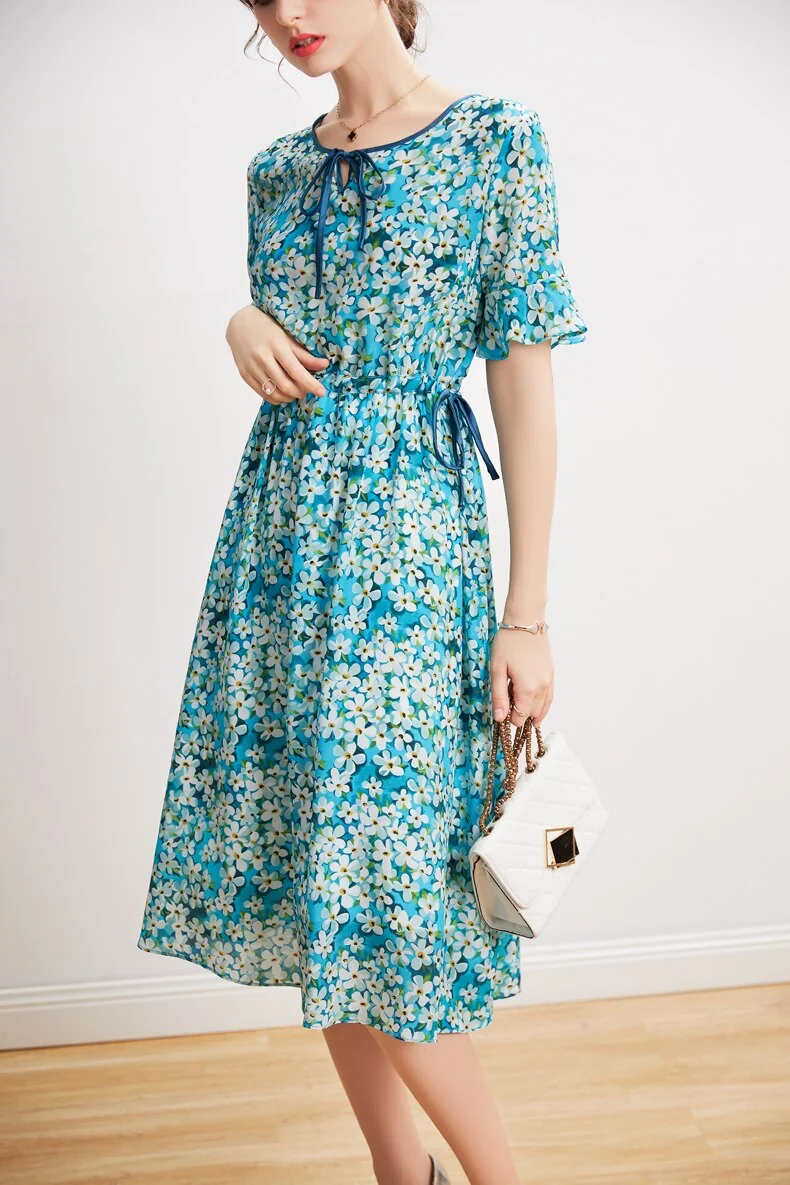 100% Silk Women's Dresses O Neck Short Sleeves Lace Up Waist Floral Printed Elegant Summer Dress Vestidos - Image 5