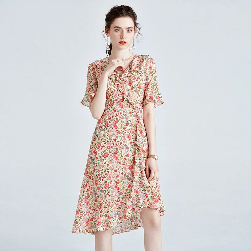 100% Silk Women's Runway Dresses Sexy V Neck Short Flare Sleeves Ruffles Floral Printed Asymmetrical Fashion Casual Dresses - Image 5