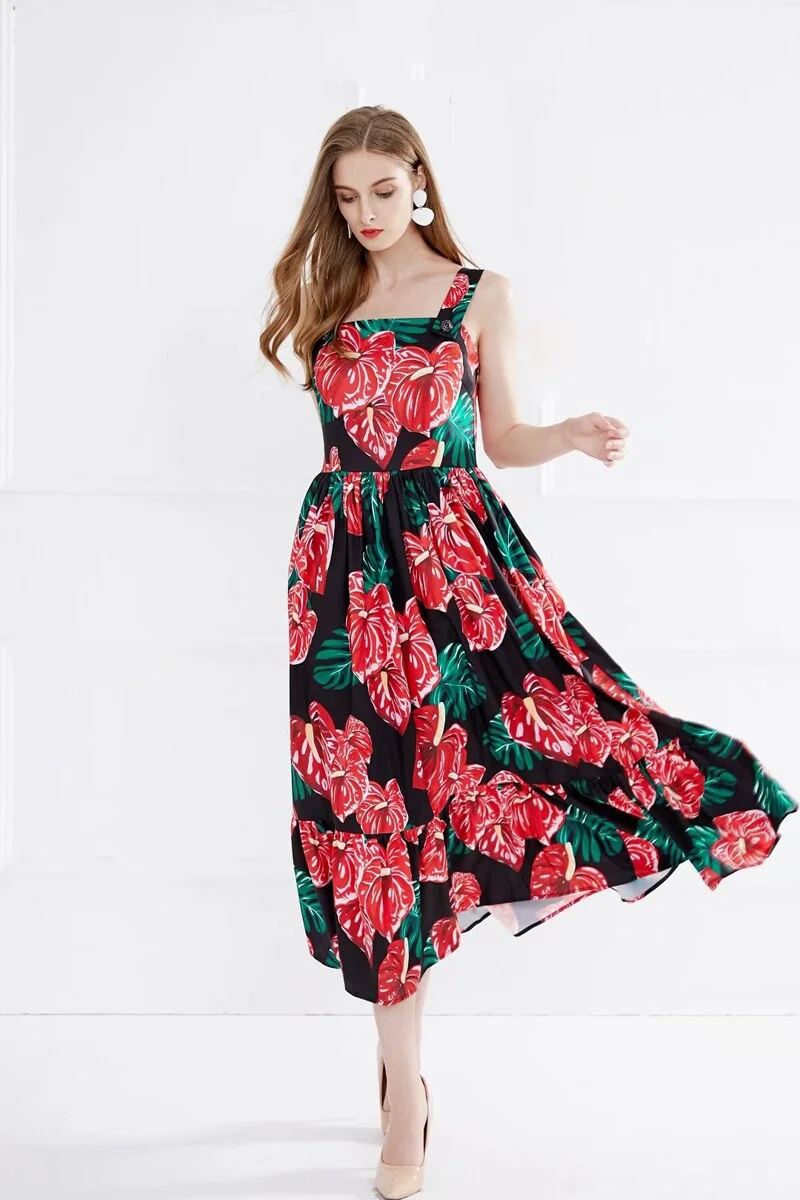 Women's Runway Dresses Sexy Spaghetti Straps Square Neckline Floral Printed Ruffles Fashion Casual Summer Dresses