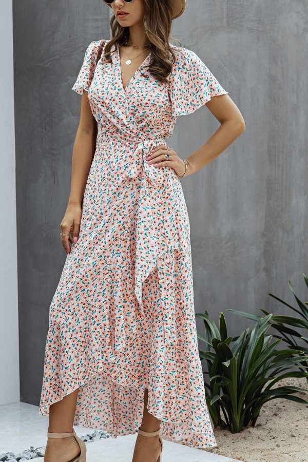 Summer Maxi Dress Women Polka Dot Sexy V Neck Ruffles Short Sleeve Holiday Long Beach Sundress Ladies Lace Up Wrap Party Dresses - Takalr