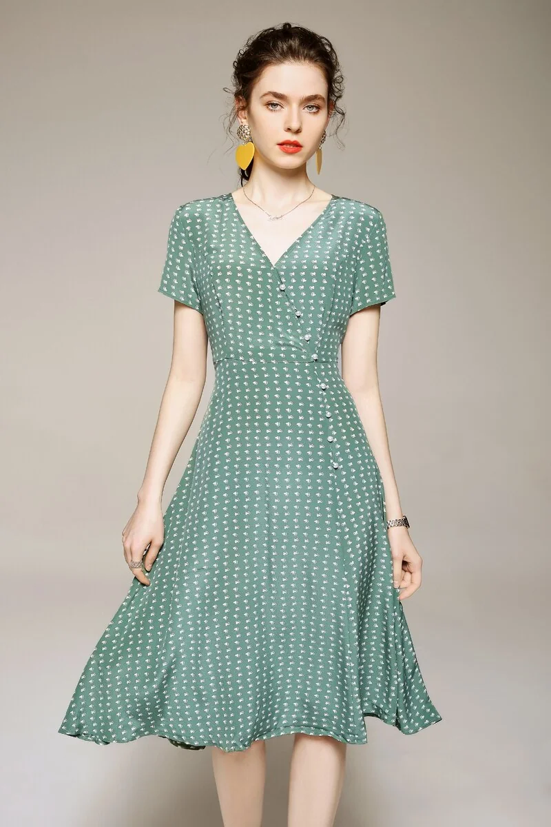 100% Silk Women's Runway Dresses V Neck Short Sleeves High Street Printed Fashion Casual Summer Dresses - Image 2