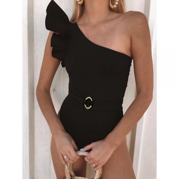 Sexy Solid Color Swimwear Women 2021New Arrival One The Shoulder Ruffles One Piece Swimsuit With Belt Backless Monokini - Takalr