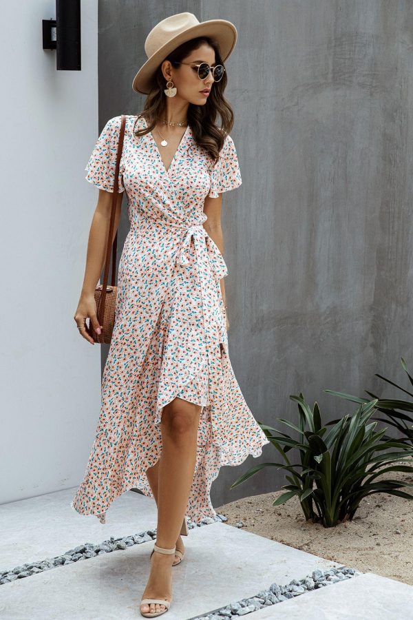 Summer Maxi Dress Women Polka Dot Sexy V Neck Ruffles Short Sleeve Holiday Long Beach Sundress Ladies Lace Up Wrap Party Dresses - Takalr