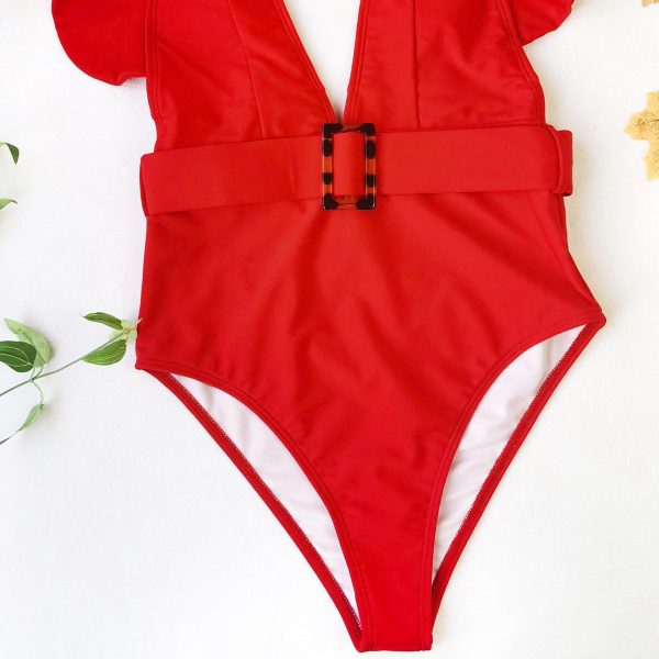 Plunging One Piece Swimsuits Ruffle Swimwear Women 2021 Belted Bathers Sexy Backless Beachwear High Cut Bathing Suits - Takalr