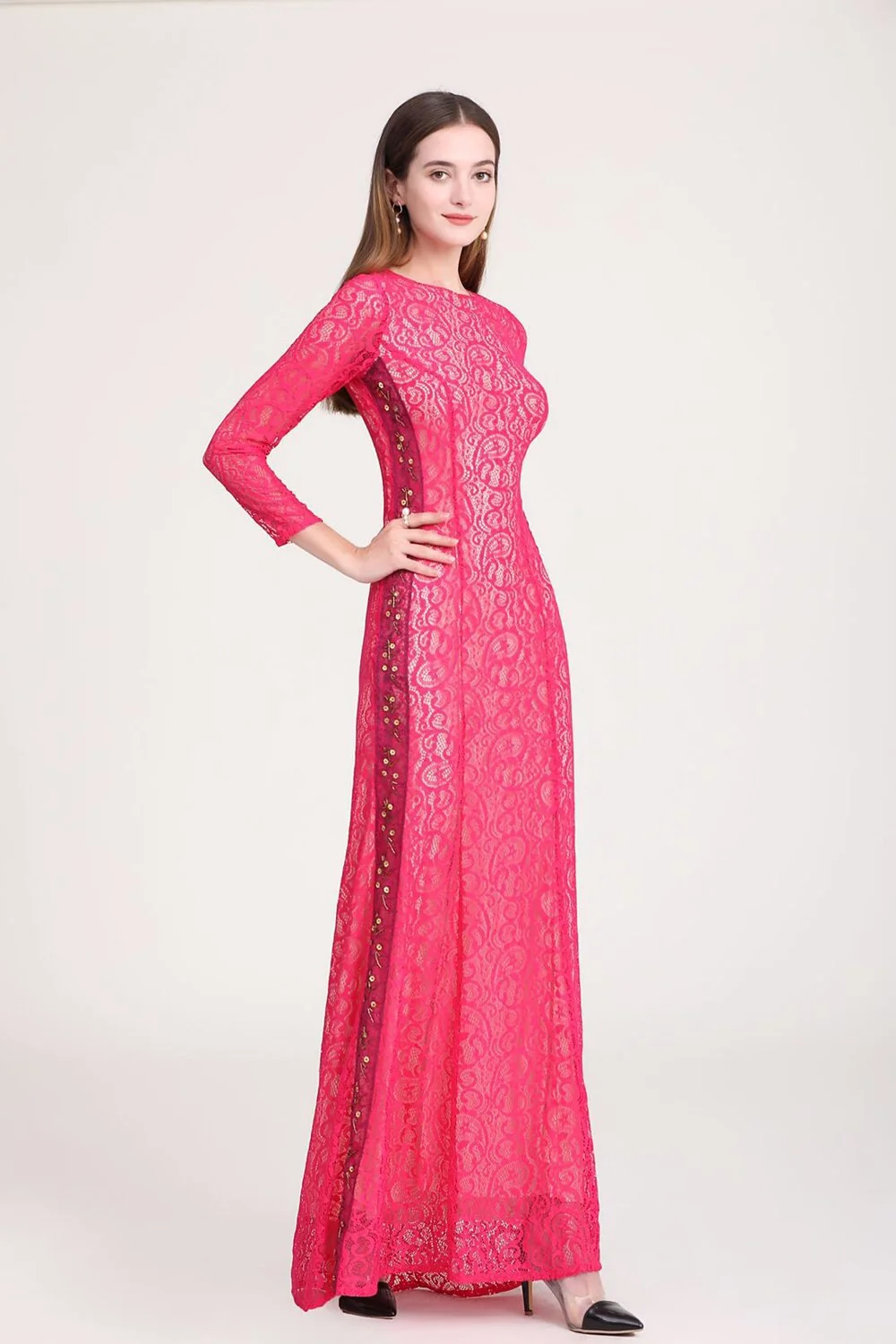 Women's Party Dress O Neck Embroidery Lace Long Sleeves Beaded Elegant Long Prom Runway Dresses - Image 3