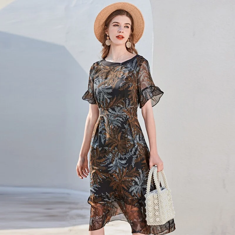 100% Silk Women's Runway Dresses O Neck Short Sleeves Ruffles Printed Fashion Summer Holiday Dresses - Image 3