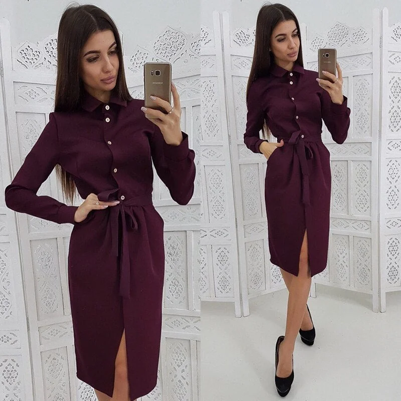 Women Casual Sashes Straight Party Dress Ladies Long Sleeve Turn Down Collar Office Work Vintage Midi Dress Vintage Solid