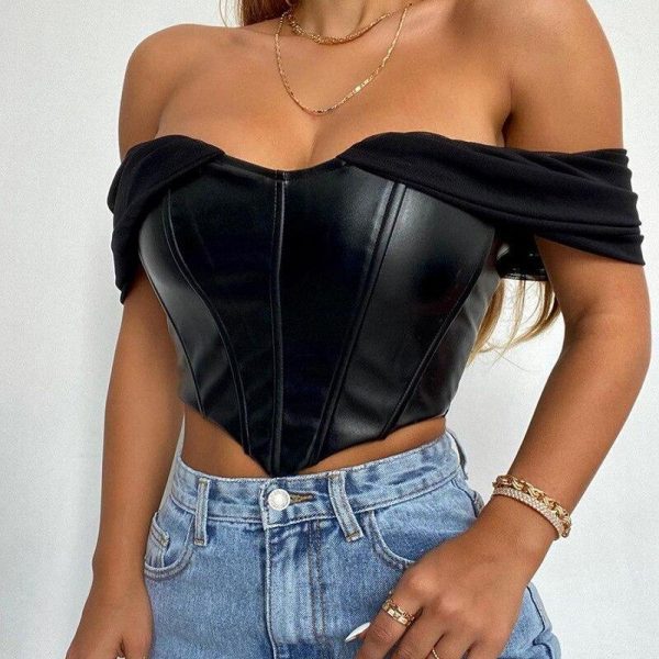 Cryptographic PU leather Sexy Bustier Corset Top Off Shoulder Chiffon White Strapless Female Top Cropped Tops Women Clothes - Takalr