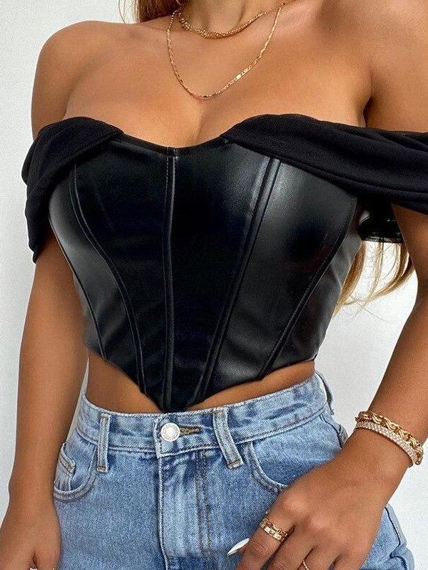 Cryptographic PU leather Sexy Bustier Corset Top Off Shoulder Chiffon White Strapless Female Top Cropped Tops Women Clothes - Takalr