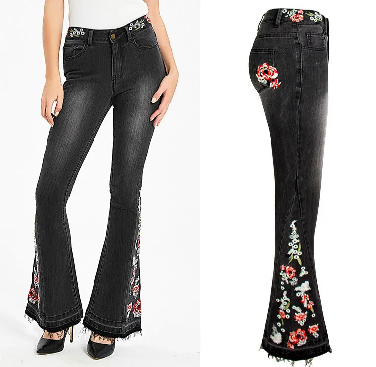 Vintage Embroidery Jeans Woman Elastic Black Jeans Spring Autumn Flare Denim Pants - Image 3